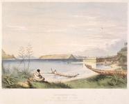 Rangihaeata's (Te Rangihaeata's) pah (pā) with the island of Mana and the opposite shore of Cook's Straights [1844]